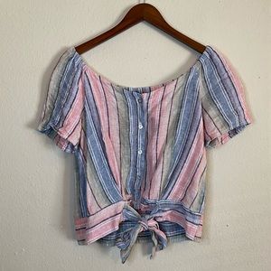 DREW Striped Linen Top in Pastel Rainbow